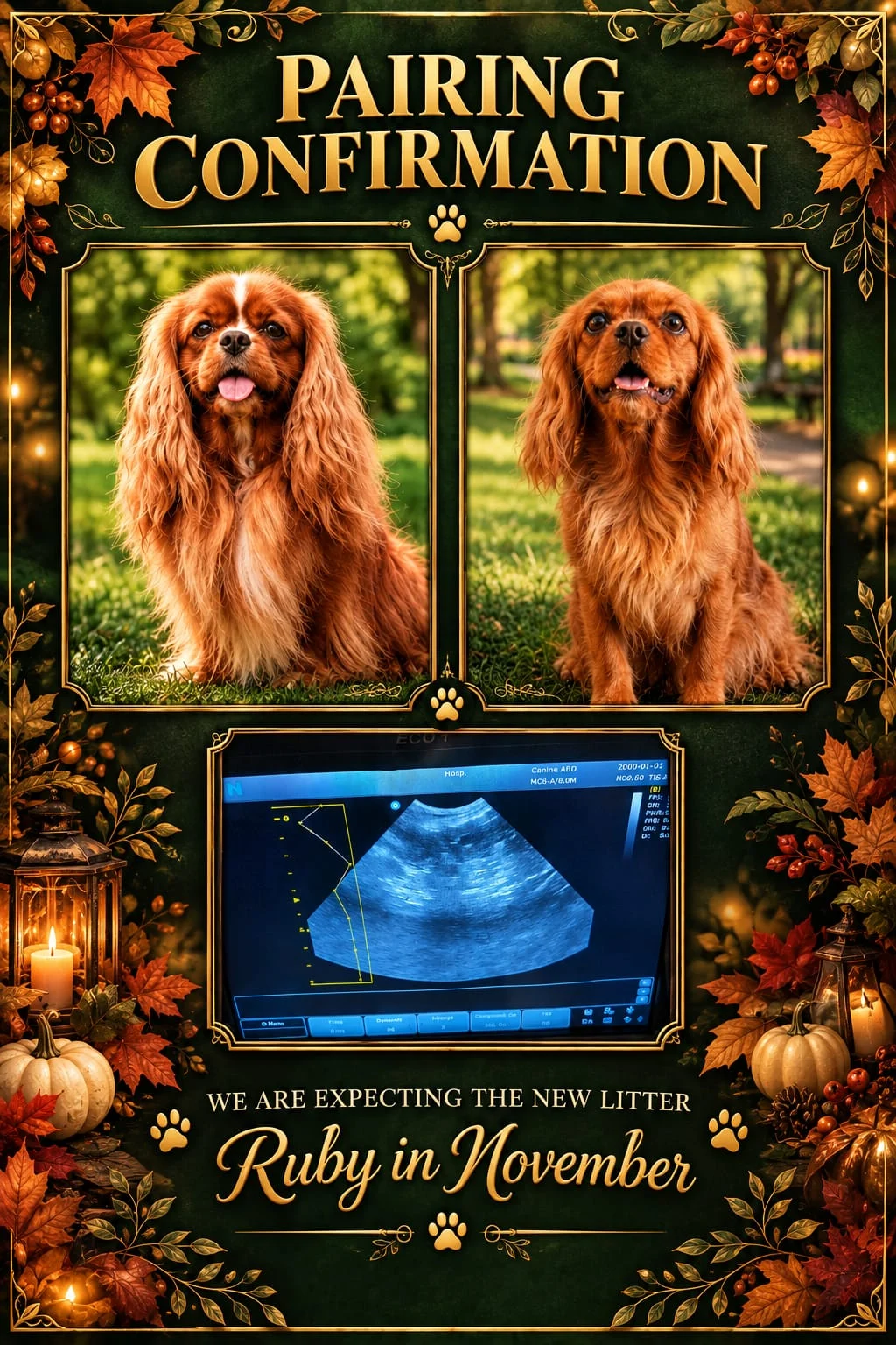 Anunțul cuibului așteptat în noiembrie, cu fotografiile părinților Cavalier King Charles Spaniel și ecografia
